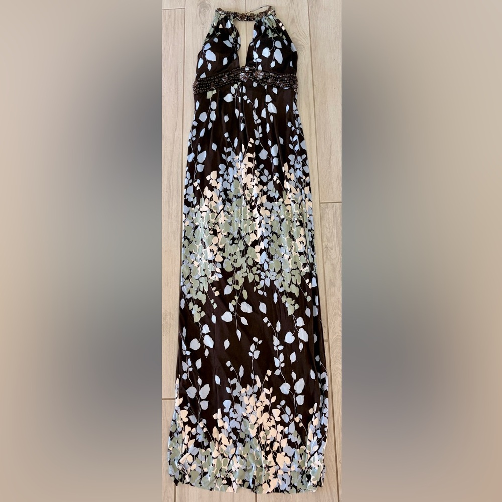 Arden B Brown long halter beaded dress.